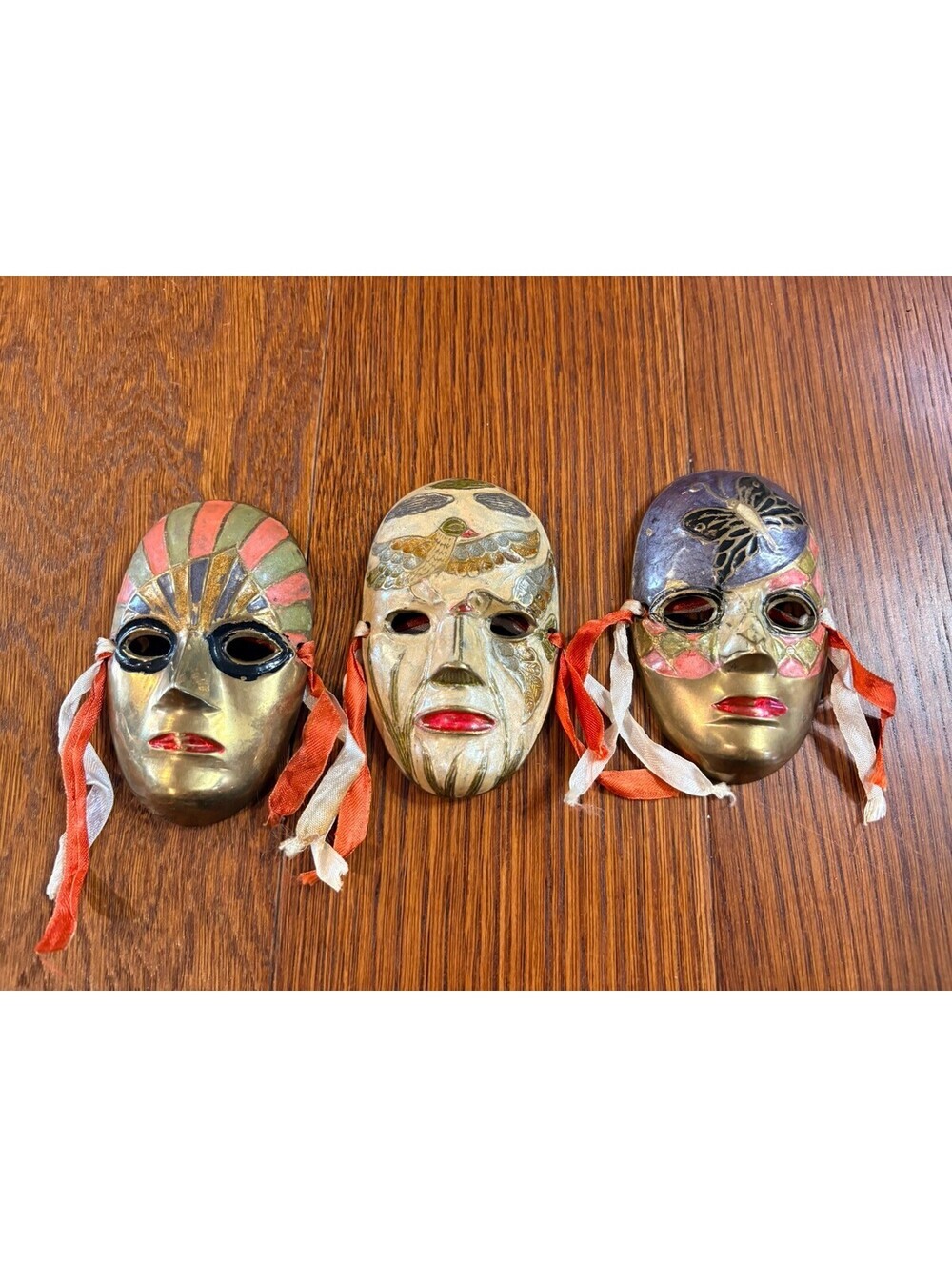 Vintage Art Brass Theatre Face Masks Made In India Mardi Lot of 3